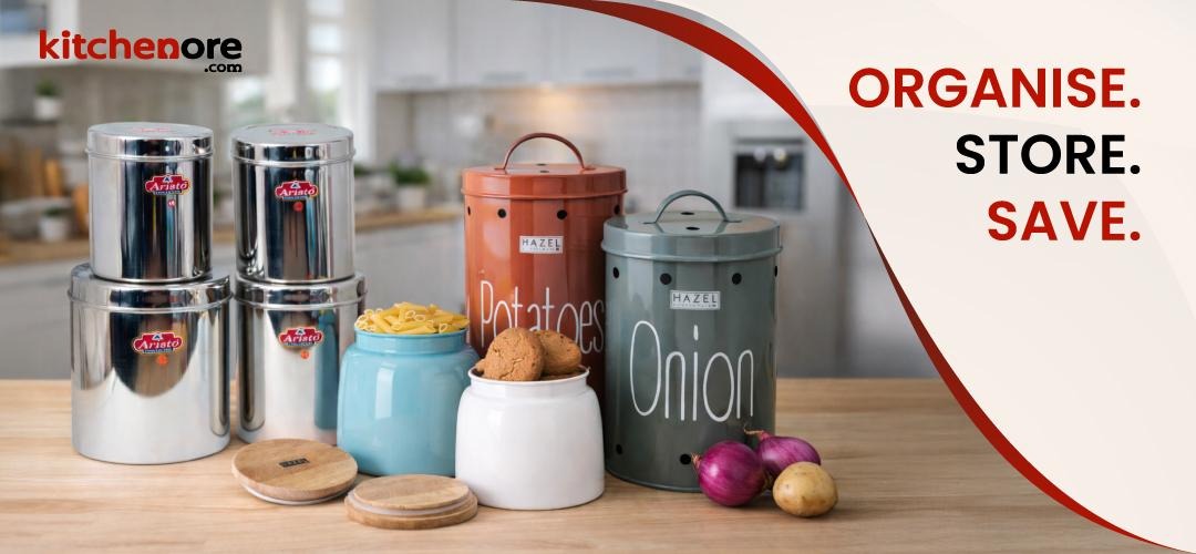 Assorted stainless steel and ceramic storage containers (onion, potato labeled) with grains, cookies, onions, potatoes on kitchen counter. Red 